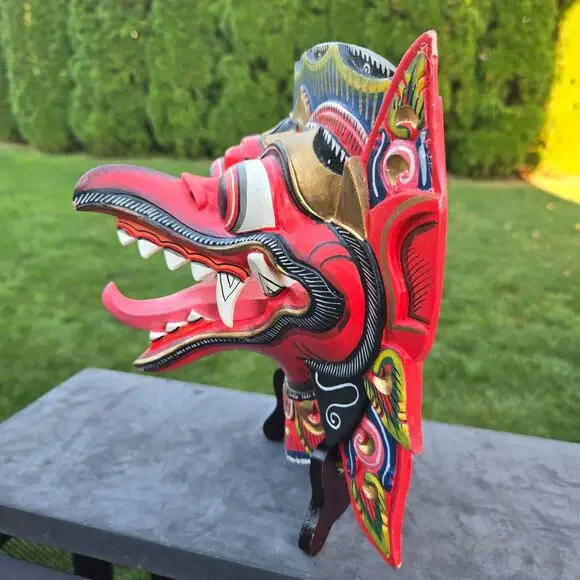 Vintage Balinese Garuda Mask Hand Painted Marked Mythical Ceremonial Wall Art